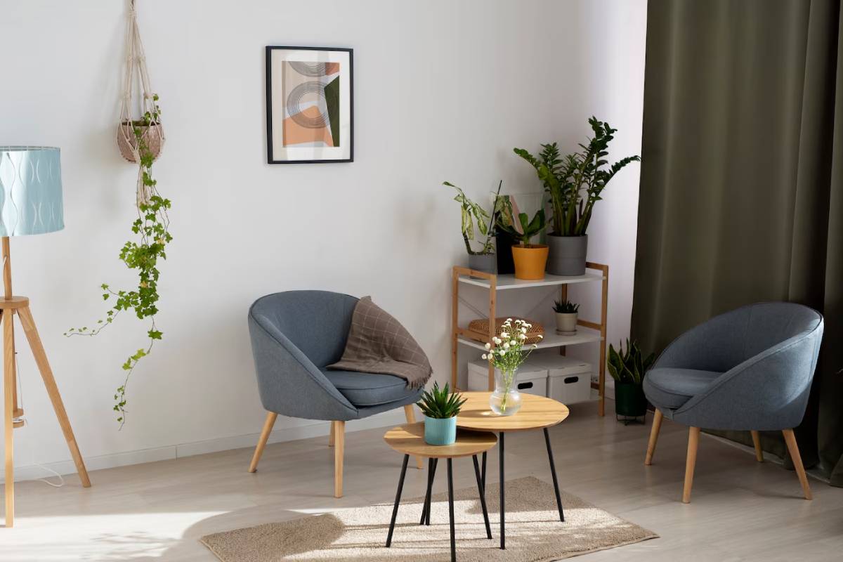 Modern living room with two blue armchairs, a wooden coffee table, indoor plants, and natural light. 