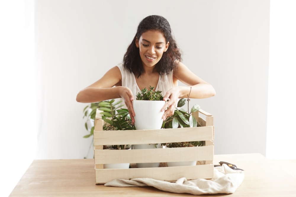 Woman arranging plants in a wooden crate on a table, smiling and focused on her task.