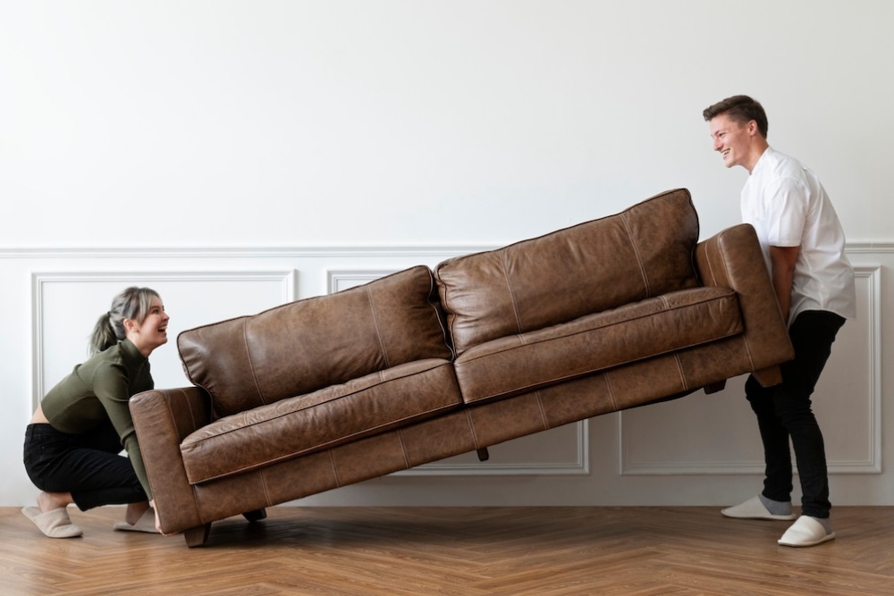 A man and a woman smiling as they lift a brown leather sofa together in a bright room. 