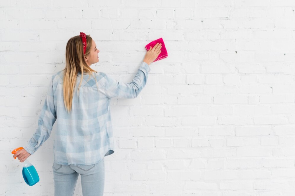  Woman in a plaid shirt cleaning a white brick wall with a pink cloth and spray bottle.
