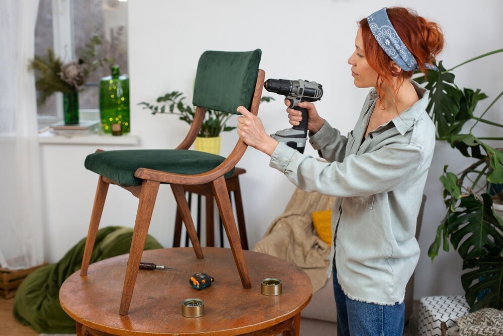 Woman repairing a wooden chair with a drill in a plant-filled room. 