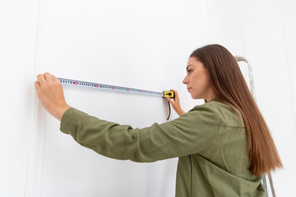 Woman measuring wall with tape measure in a room, focusing intently on her task. 