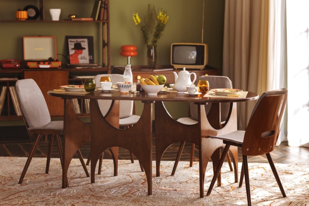  Vintage-style dining room with wooden table set for breakfast, surrounded by mid-century modern chairs and decor. 