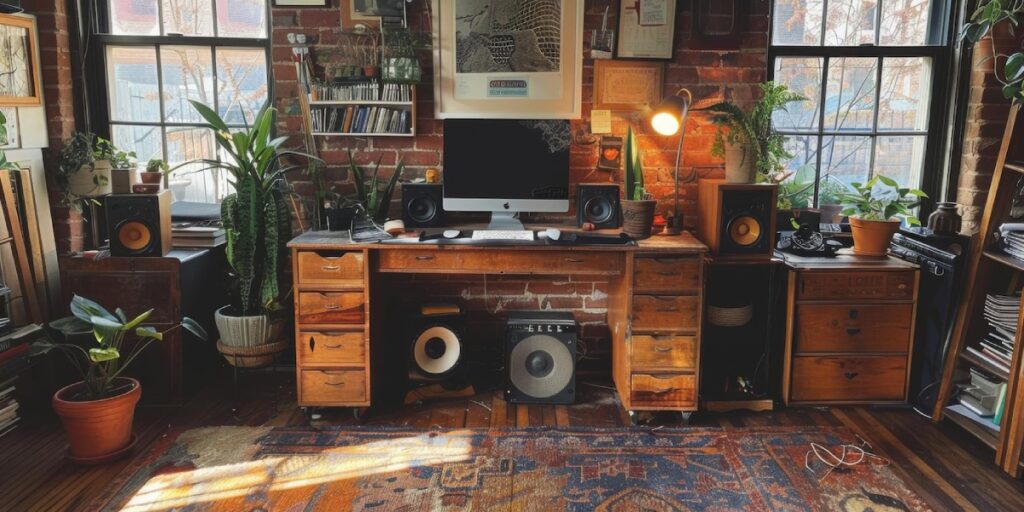 Cozy home office with exposed brick, vintage wooden desk, various plants, and audio equipment by a large window.