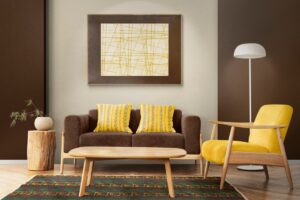 Stylish living room with a brown sofa, yellow chair, geometric rug, and a modern artwork on the wall.