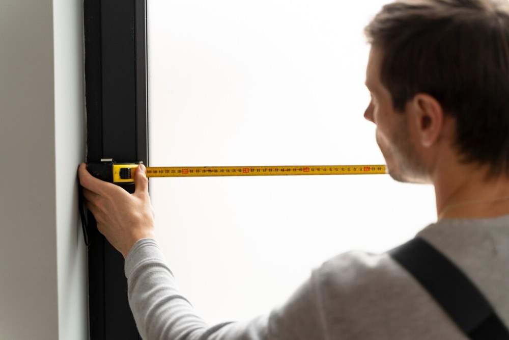  Man measuring a door frame with a tape measure, indoors, focused on his task.