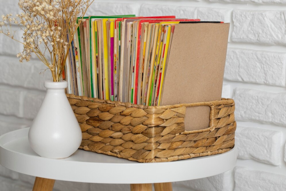  A woven basket filled with colourful books on a white table, next to a vase with dried flowers, against a white brick background.