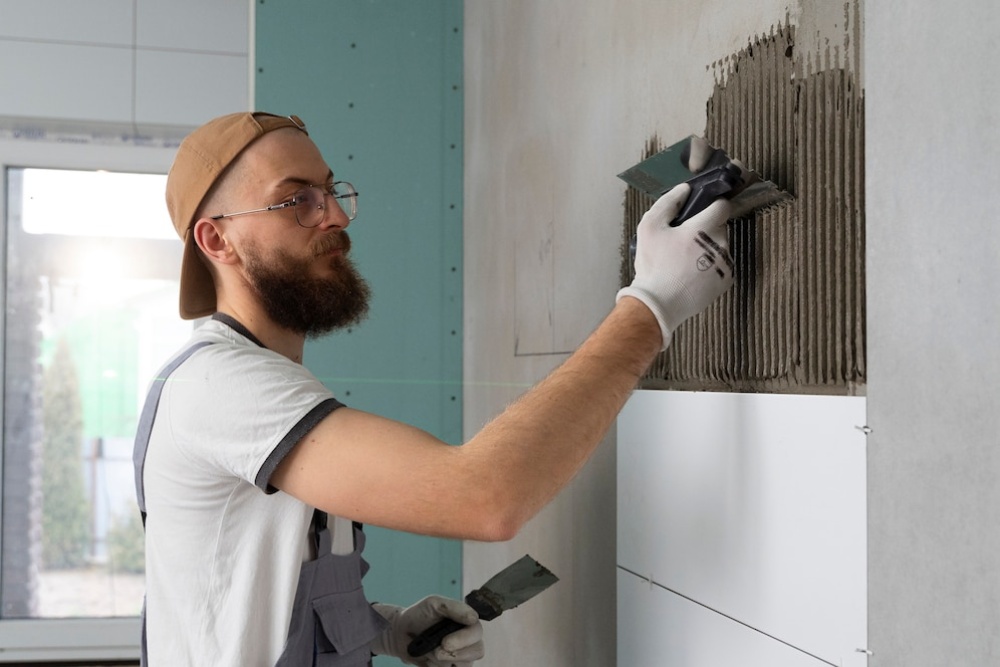  A bearded man in a cap applies adhesive to a wall for tiling in a bright, modern room.