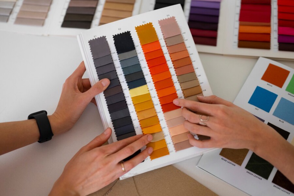 Two people examining a colorful fabric swatch book on a table with design samples.