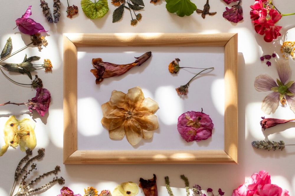  A collection of various dried flowers arranged around and inside a wooden frame on a light background.