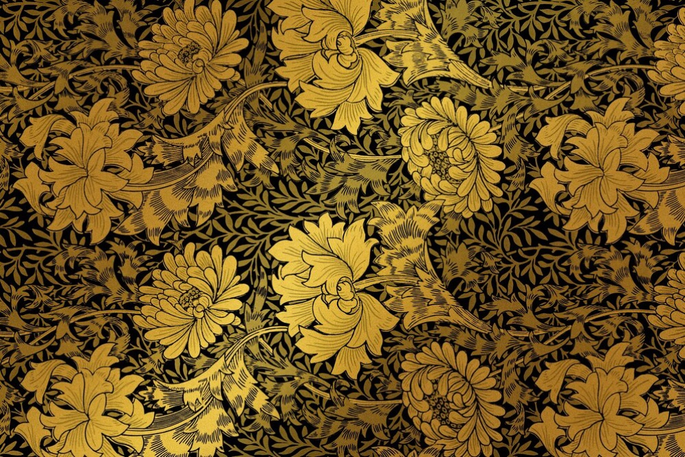  Detailed floral pattern with golden flowers and leaves on a dark background.