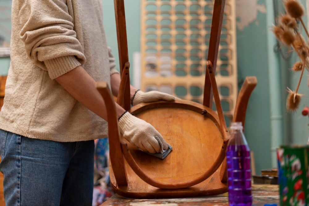 Person in gloves sanding a wooden chair in a workshop, with a focus on hand and chair details. 