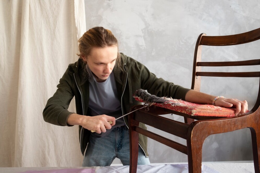  Young man reupholstering an old wooden chair in a workshop.